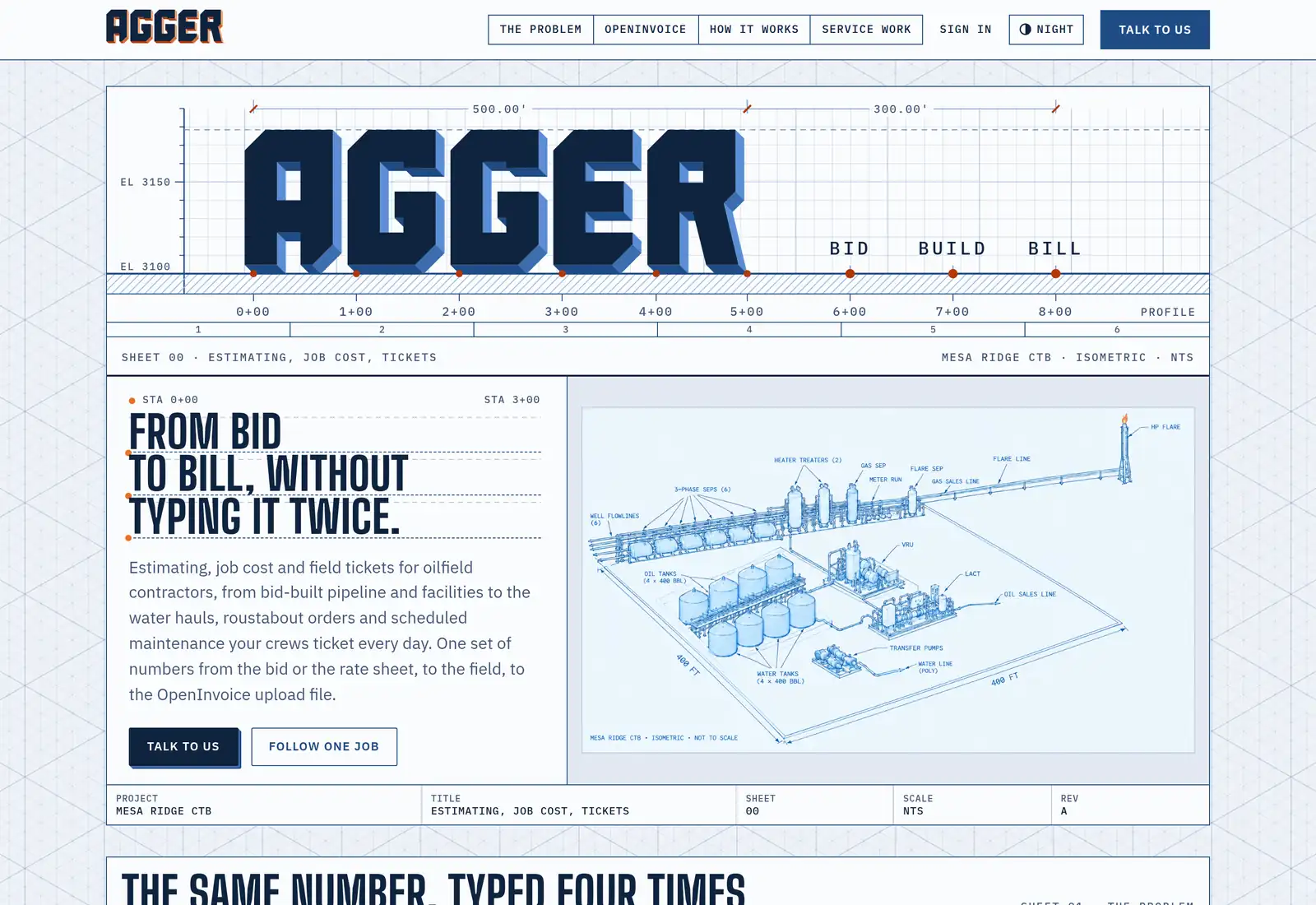 The front page of getagger.com in its day sheet, drawn as a blueprint: the name in block letters on a road profile, the headline From bid to bill, without typing it twice, and an isometric drawing of an invented central tank battery beside it.