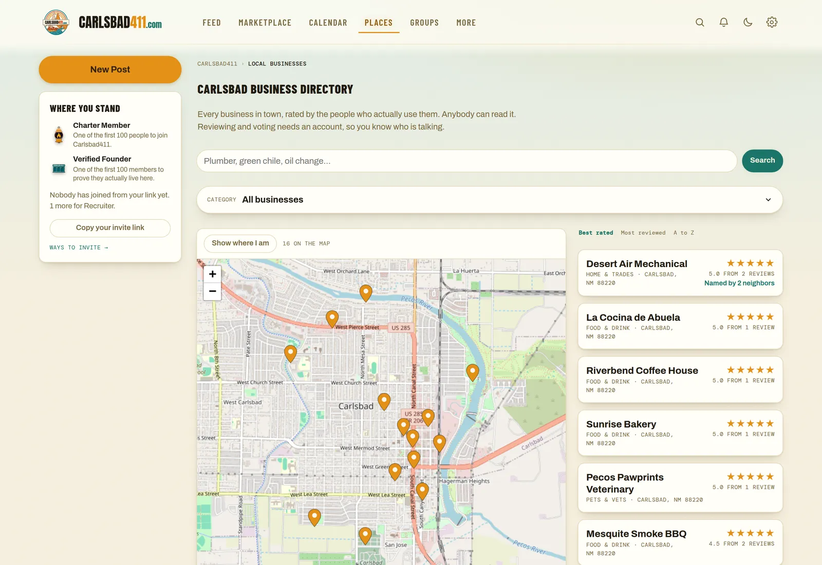The Carlsbad business directory: a map of central Carlsbad and the Pecos River covered in business pins, beside a list of places ranked by neighbors&rsquo; star ratings.