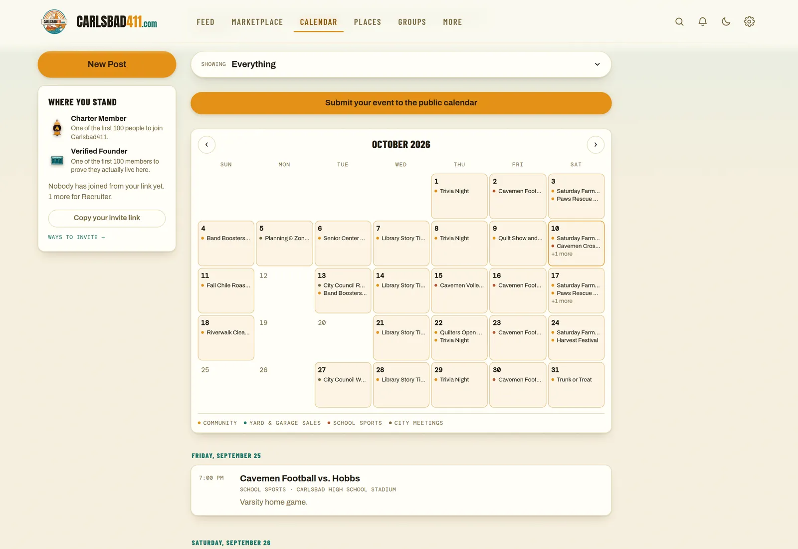 The town events calendar for October, most days filled with color coded community events, high school games, city meetings and farmers markets.