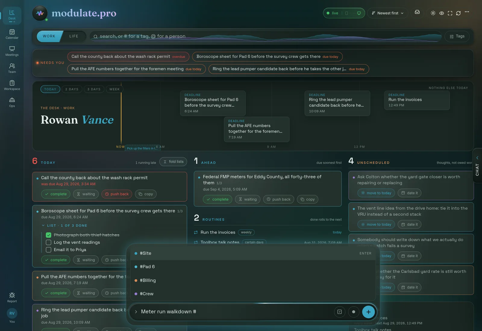 The same desk with the composer open and a single hash typed, which has opened the account&rsquo;s tag list, each tag with its own colour dot.