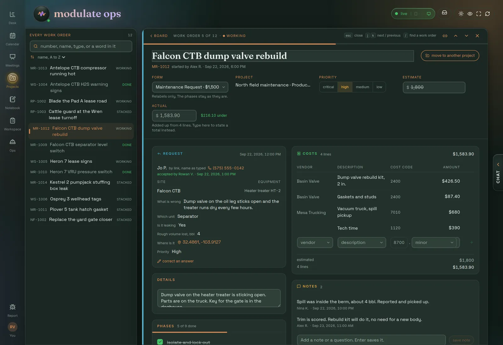 A work order opened as a full page beside a list of twelve: a dump valve rebuild with its form, project, priority and estimate across the top, the requester&rsquo;s answers on the left, a four line cost ledger on the right, and crew notes below.
