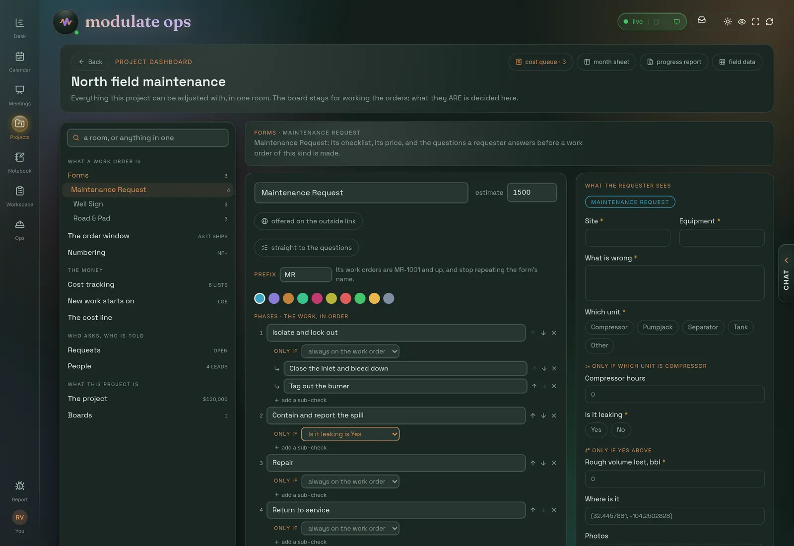 The forms studio editing a Maintenance Request form: its number prefix, estimate and four phases, one shown only when a leak is reported, beside a live preview of the questions a requester sees.