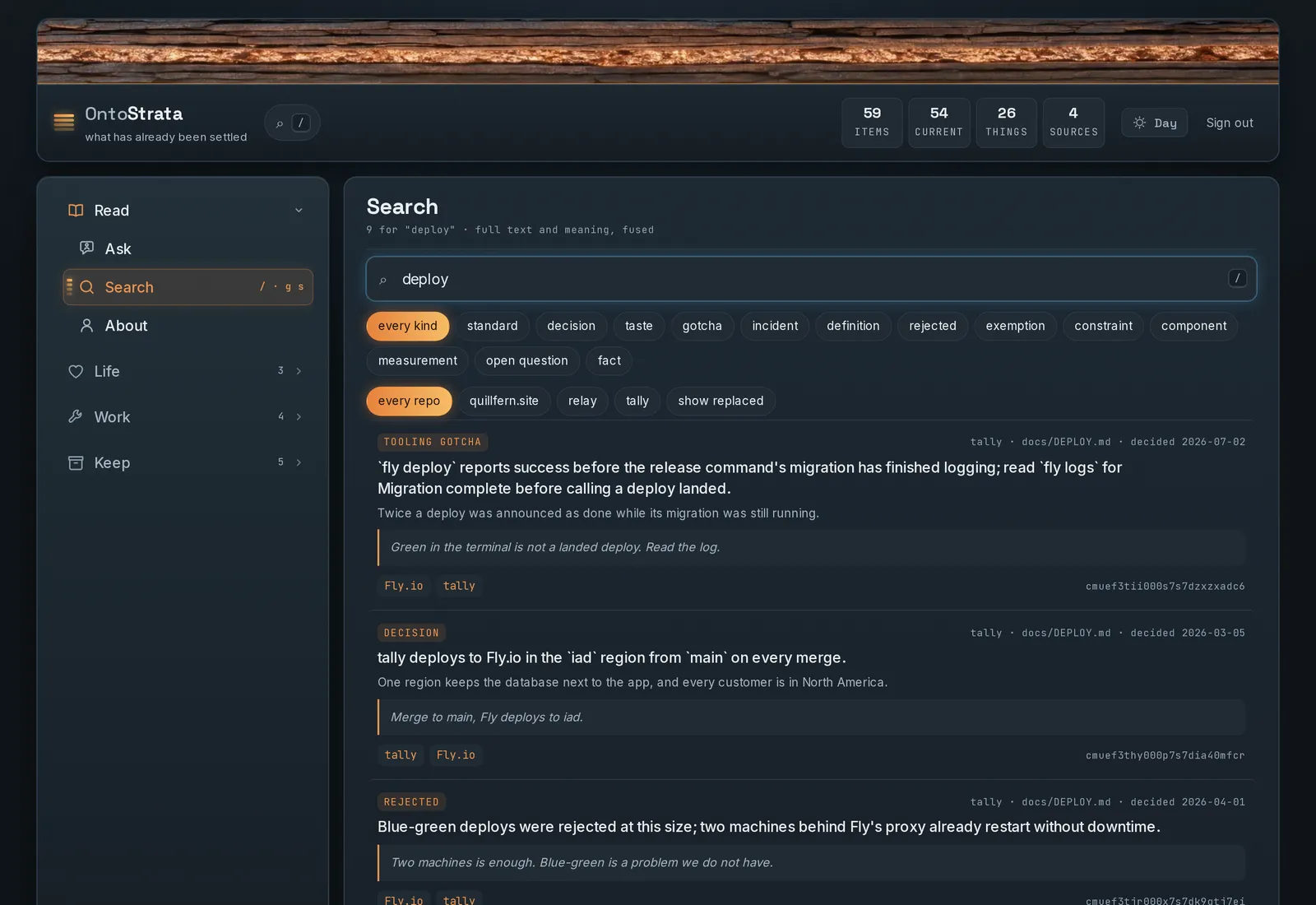 OntoStrata searching an invented company&rsquo;s locker for deploy: filters for every kind of item and every repository, then results each labeled gotcha, decision or rejected, with the reasoning, the words it came from, the file it came from and the names it touches.