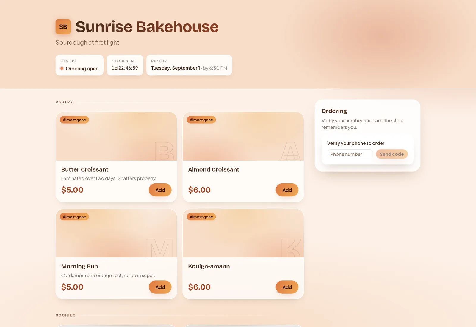 A bakery&rsquo;s own storefront during an open drop: four pastries with prices, an almost-gone chip on each as the pool nears its cap, a countdown to close, and the pickup day.