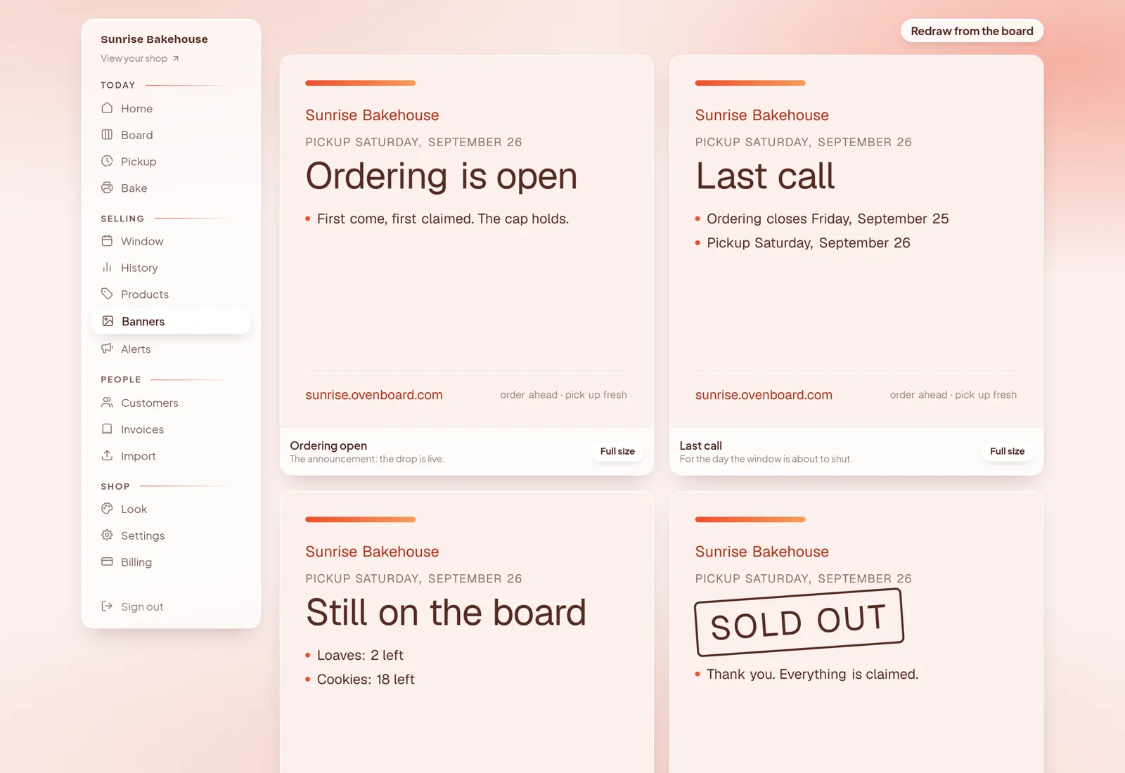 The banner press: four ready to post pictures drawn from the live board, reading Ordering is open, Last call, Still on the board with what is left, and Sold out, each carrying the shop&rsquo;s own address.
