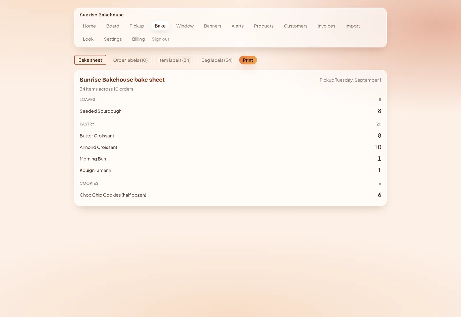 The bake sheet for one drop, headed thirty-four items across ten orders, every product grouped by pool with its own total, beside tabs for the label sheets it prints.