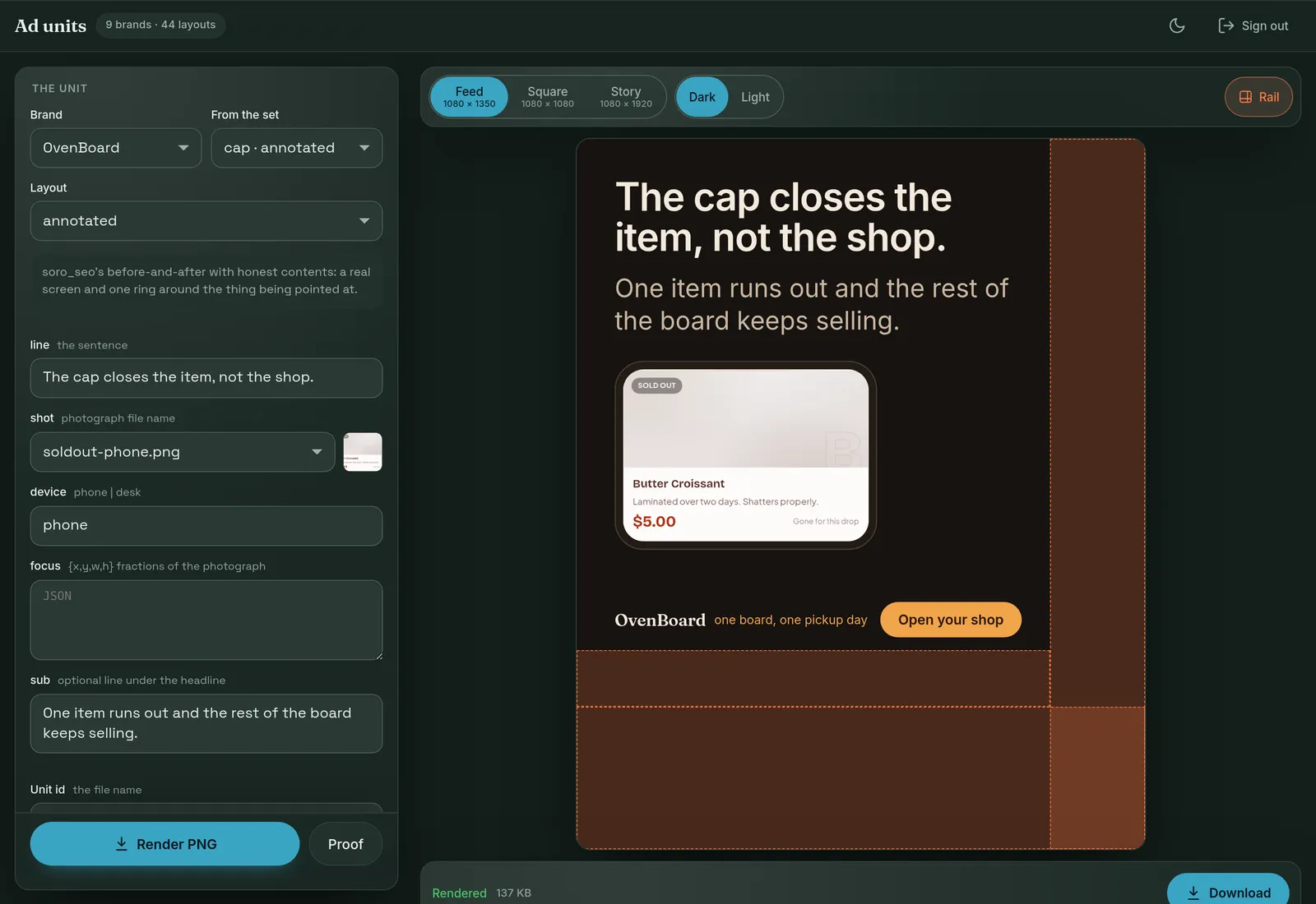 The PikPach studio with an OvenBoard ad loaded from that brand&rsquo;s set: its fields editable on the left, a live preview with the rail overlay marking where the platform&rsquo;s own buttons will land, and a finished render ready to download.