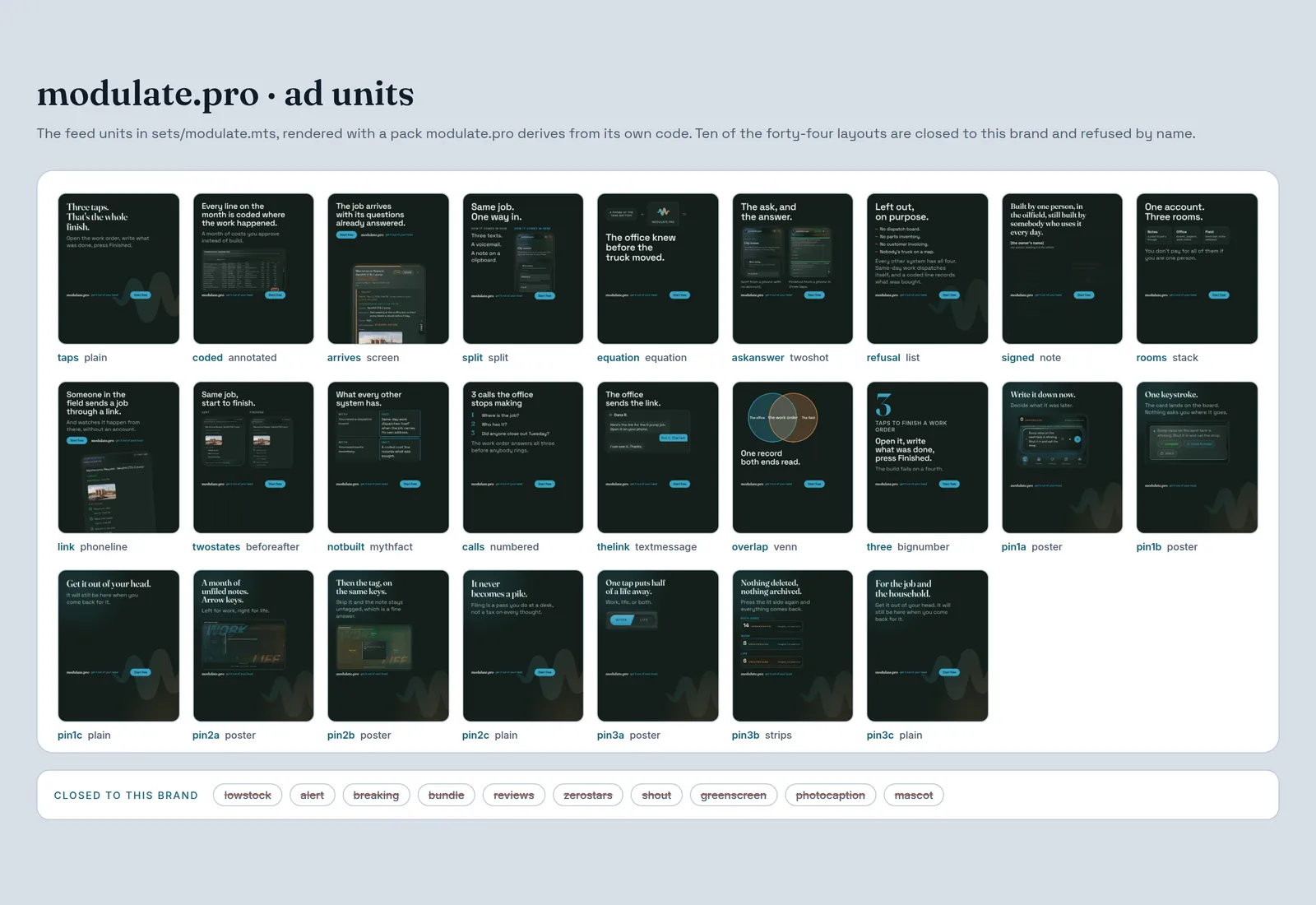 The twenty five feed ads in modulate.pro&rsquo;s set, rendered and arranged in a grid with their names, above the ten layouts that brand refuses.