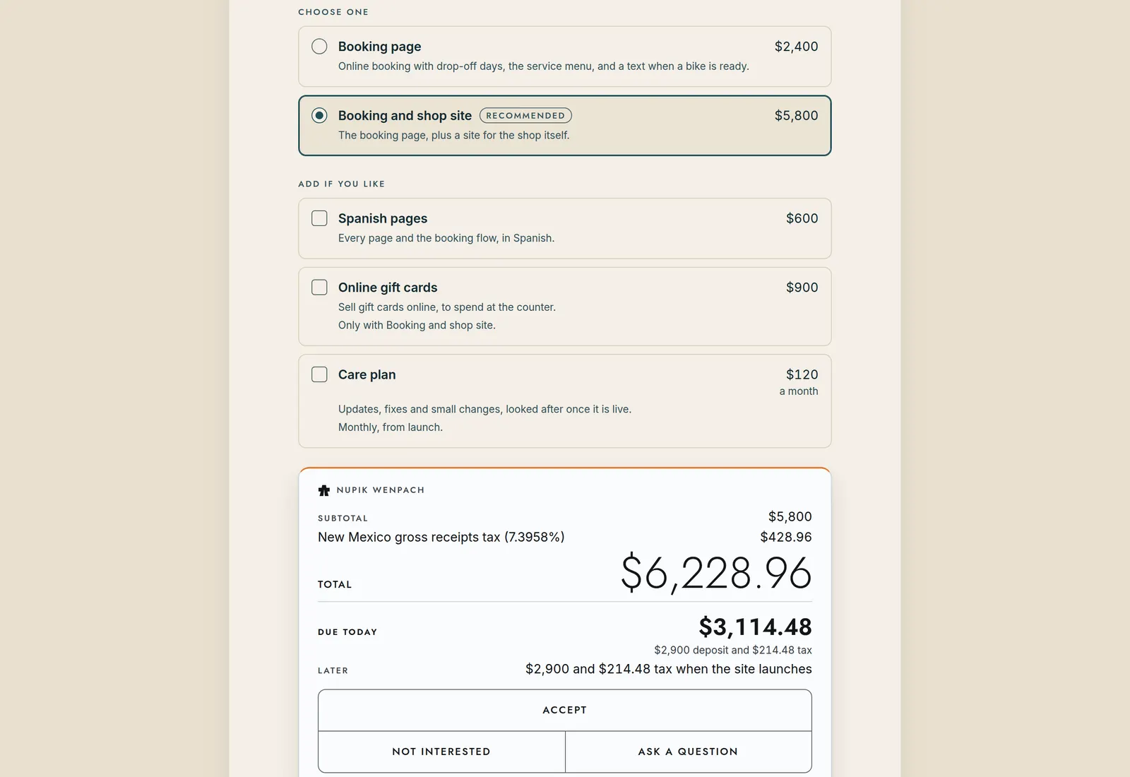 The price section of an offer in The Portal, for an invented bike shop: two packages to choose between with the recommended one selected, three optional add-ons, and below them the total with New Mexico gross receipts tax, what is due today, what comes later, and buttons to accept, decline or ask a question.