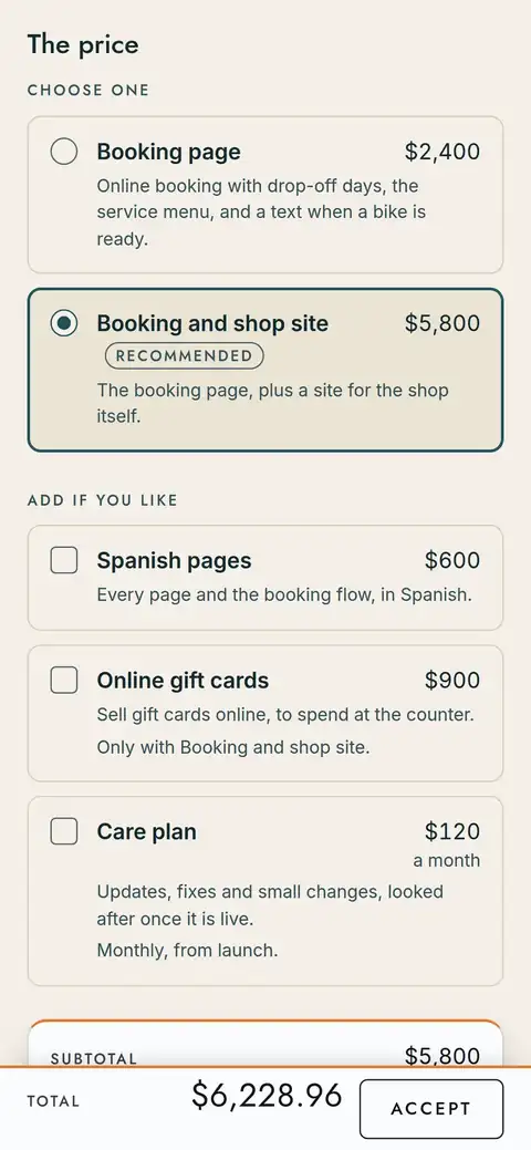 An offer on a phone: two packages, three add-ons, and a fixed bar with the total and an Accept button.