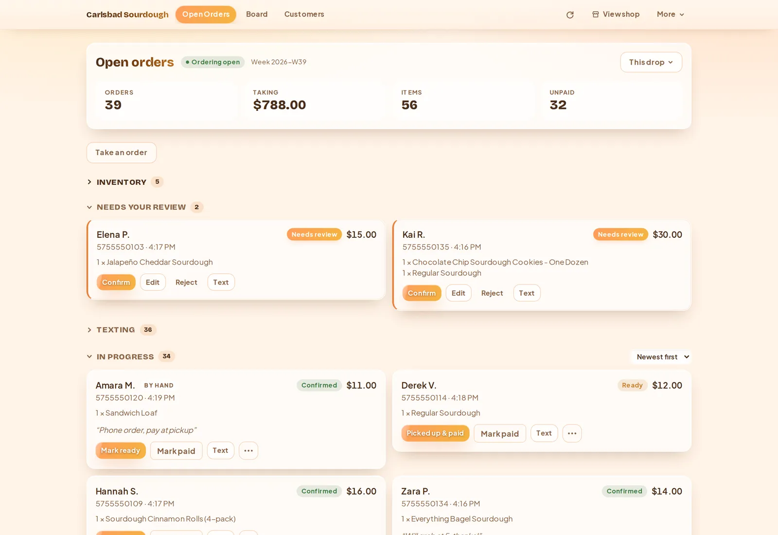 The bakery&rsquo;s open orders for one week&rsquo;s drop: the order count, takings and unpaid total above cards for orders to review, confirmed, and ready for pickup.