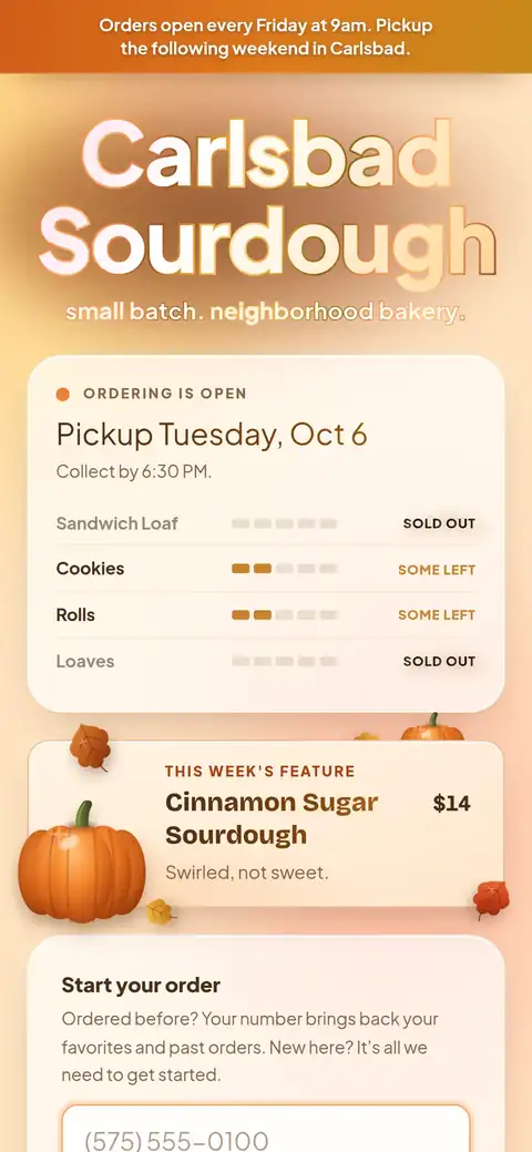The storefront on a phone: four bread pools sold out or some left, the featured loaf, a box for a phone number.